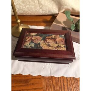 Vintage Wooden Jewelry Box with Floral Needlepoint Lid